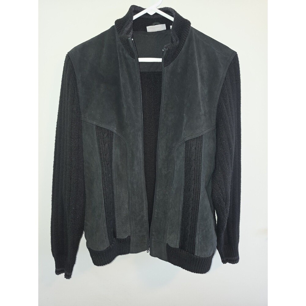 Vintage ADOLFO Men's M Black Suede Leather & Ribbed Knit Bomber Jacket Sweater